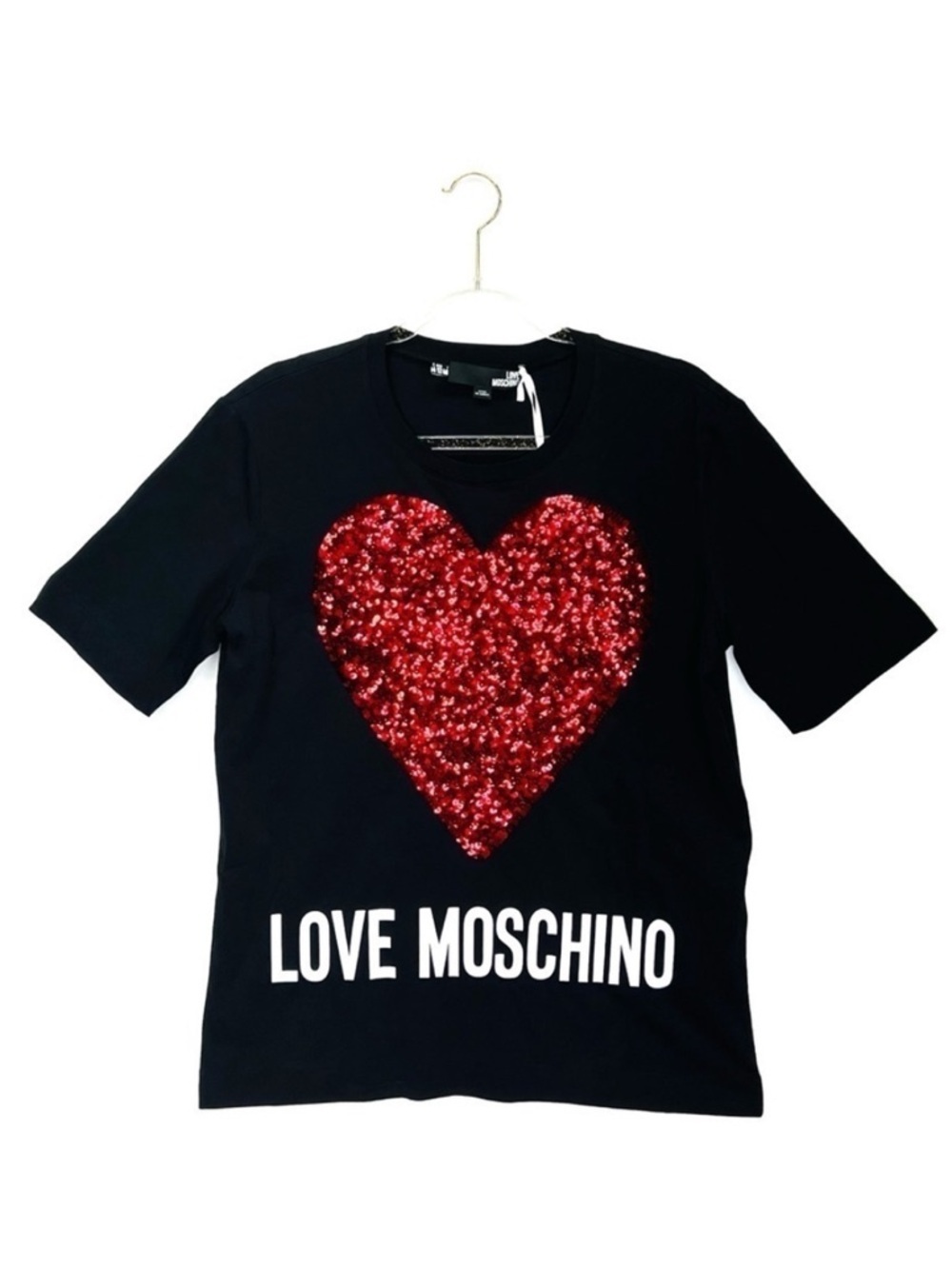 Love Moschino Sequined Heart T-shirt  Size 12 Black Cotton Large New NWT
